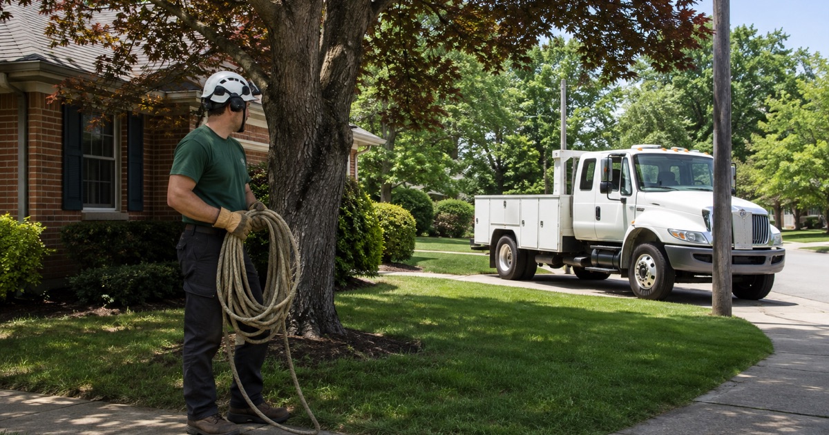 Worker scooping the last chips off a Huntsville lawn at the end of the job, the stump ground flush behind him.