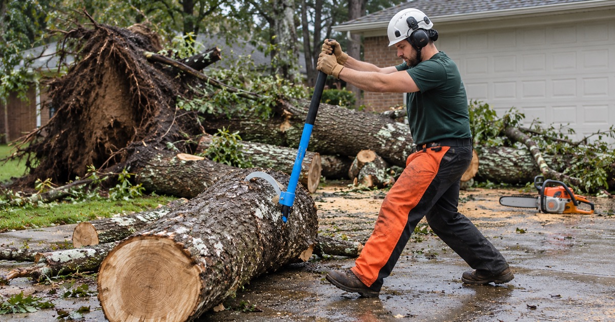 Worker rolling the first cut section clear of a Huntsville driveway with a cant hook after a white oak went over whole.