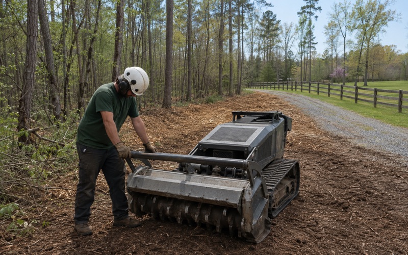 Worker at the grounded mulching head on a part-cleared Huntsville tract, the mulched mat behind the machine.