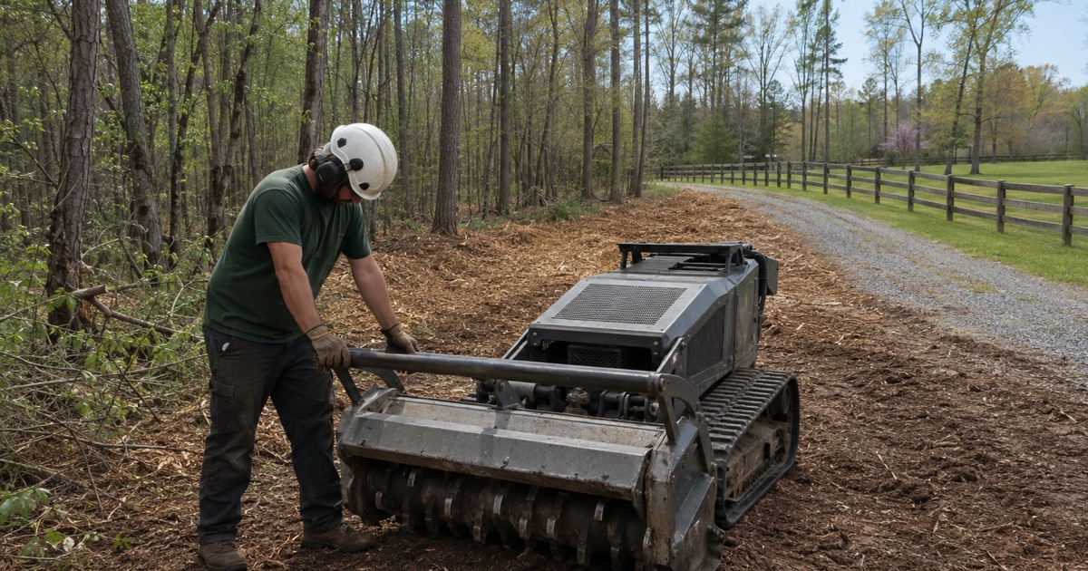 Worker at the grounded mulching head on a part-cleared Huntsville tract, the mulched mat behind the machine.