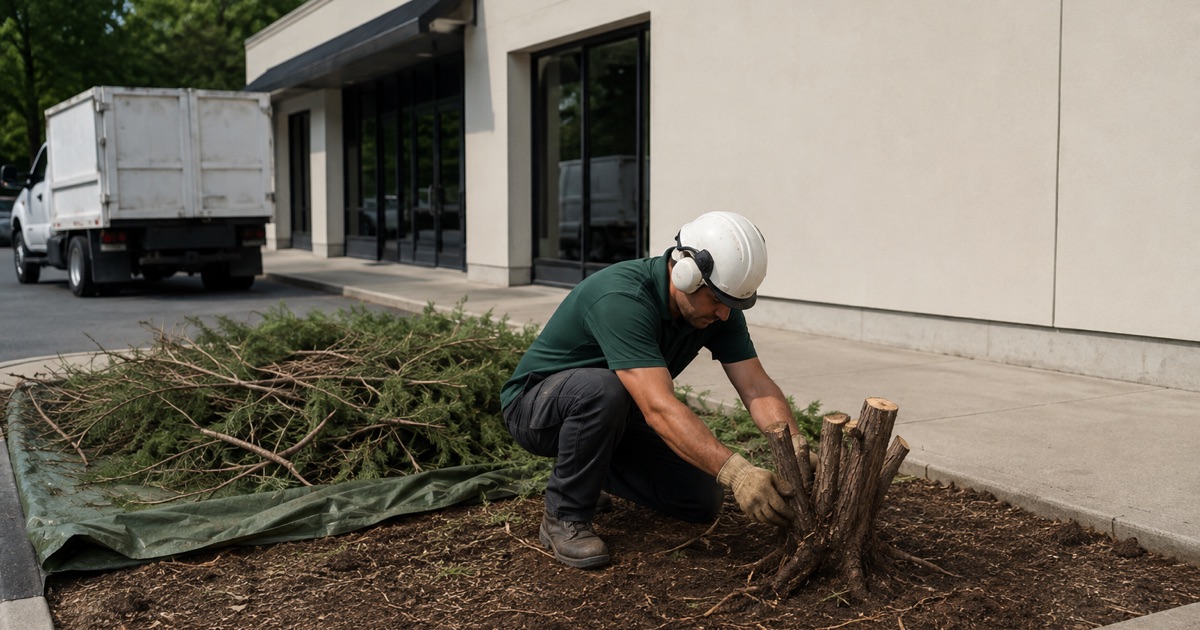 Worker drawing the last cut cedar stem cluster out of a Huntsville storefront frontage bed.
