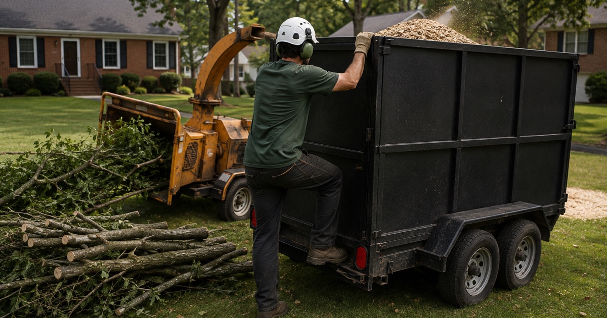 Worker loading the last cut material over the chip box rail at a Huntsville curb, the whole job going out on the truck.