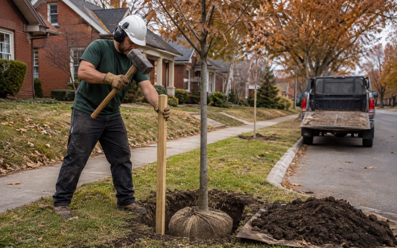 Worker driving a plain timber stake beside a young white oak going into a Huntsville verge planting pit.