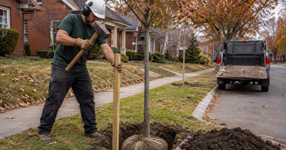 Worker driving a plain timber stake beside a young white oak going into a Huntsville verge planting pit.