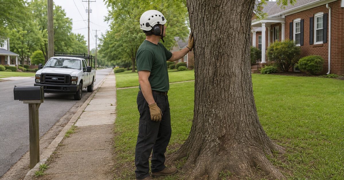 Worker reading which side of the line a hackberry stands on at a Huntsville street verge, the survey cap flush in the turf.