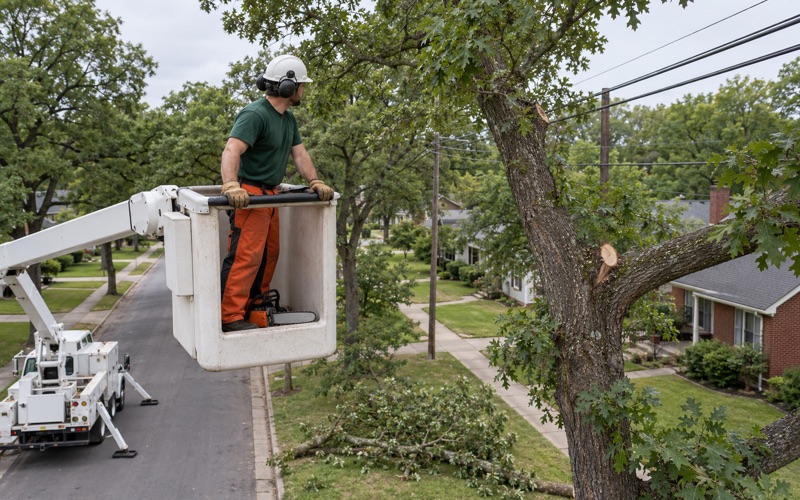 Worker in the aerial bucket sighting a clearance cut on a Huntsville southern red oak beside the overhead line.