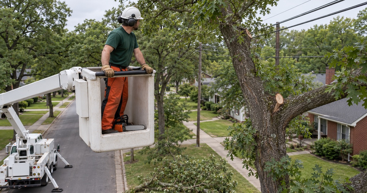 Worker in the aerial bucket sighting a clearance cut on a Huntsville southern red oak beside the overhead line.